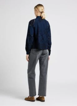 YAS Blue Embroidered Cotton Shirt With Classic Collar -Morganmai Store 4022521