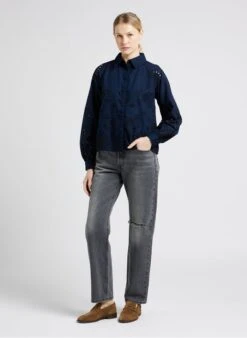 YAS Blue Embroidered Cotton Shirt With Classic Collar -Morganmai Store 4022522