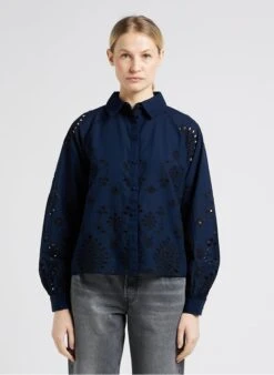 YAS Blue Embroidered Cotton Shirt With Classic Collar