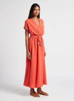 INGRID - Orange Flowing V-neck Midi Dress -Morganmai Store 4023575