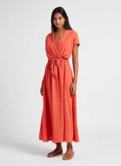 INGRID - Orange Flowing V-neck Midi Dress -Morganmai Store 4023576
