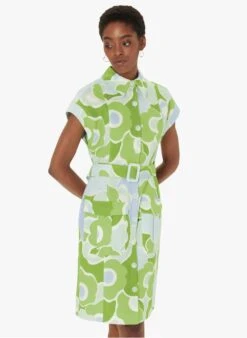 Tara Jarmon RAJAH - Green Printed Linen Midi Dress With Classic Collar