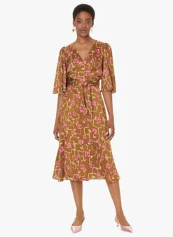 Tara Jarmon RAVA - Brown Long Floral Print V-neck Dress