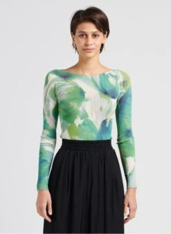 TWINSET Green Ribbed Printed Long-sleeved Top