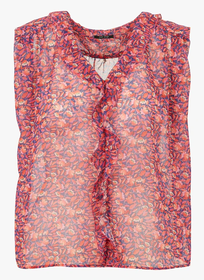 ONE STEP Red Sleeveless Ruffled V-neck Blouse 3 ONE STEP Red Sleeveless Ruffled V-neck Blouse - Image 3