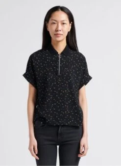 Black Printed Top With Classic Collar