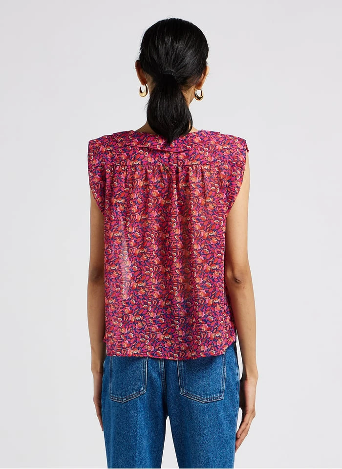 ONE STEP Red Sleeveless Ruffled V-neck Blouse 2 ONE STEP Red Sleeveless Ruffled V-neck Blouse - Image 2