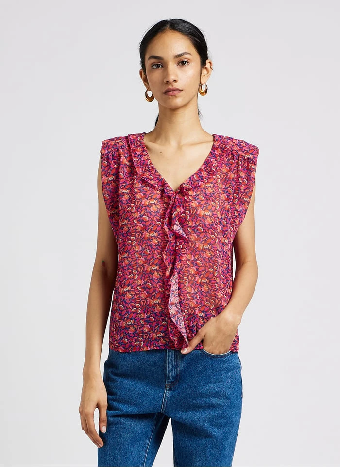 ONE STEP Red Sleeveless Ruffled V-neck Blouse 1 ONE STEP Red Sleeveless Ruffled V-neck Blouse