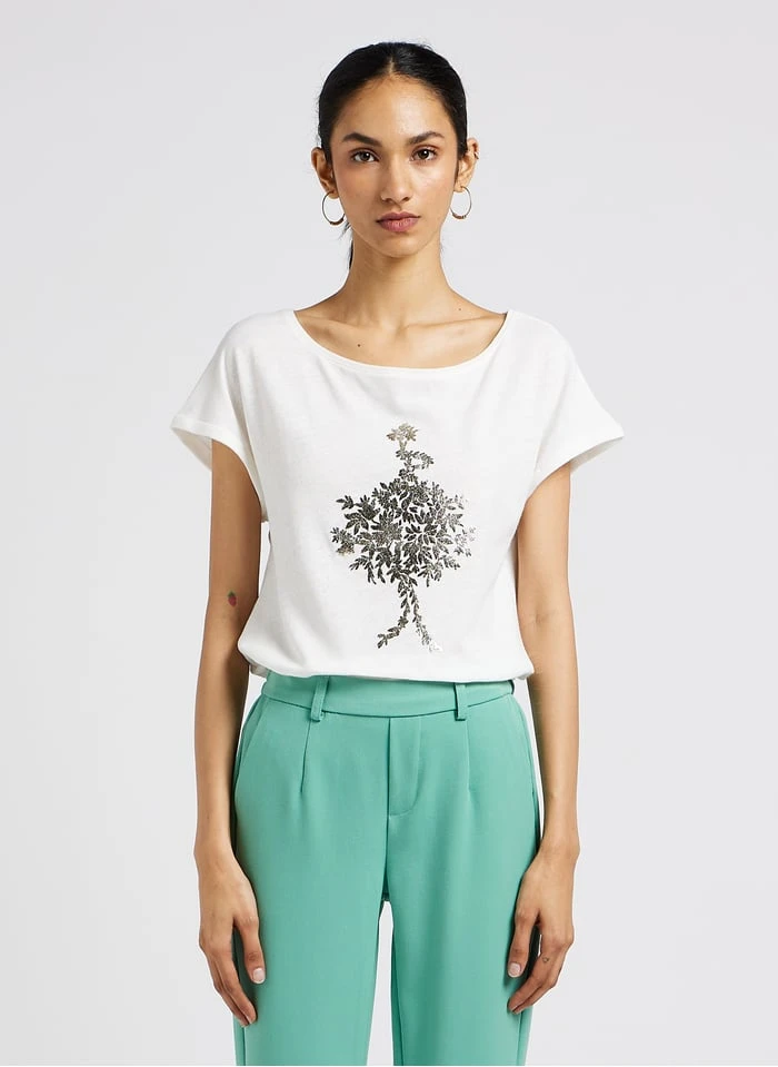 ONE STEP White Boat-neck Cotton-blend T-shirt With Screen Print 1 ONE STEP White Boat-neck Cotton-blend T-shirt With Screen Print