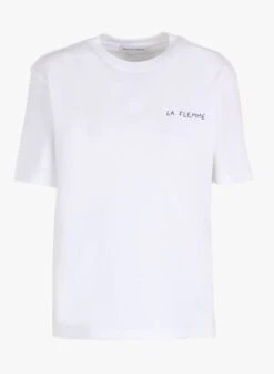 Maison Labiche POPINCOURT LA FLEMME - White Organic Cotton Round Neck T-shirt With La Flemme Embroidery -Morganmai Store 4046079