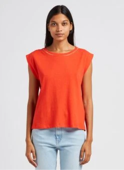 Orange Round-neck Cotton And Linen T-shirt
