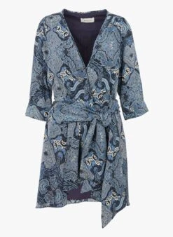 BERENICE REDWAN - Blue Short Printed V-neck Dress -Morganmai Store 4052937
