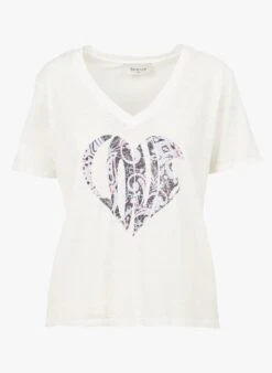 BERENICE ENOYA LOVE - White V-neck Cotton T-shirt With Screen Print -Morganmai Store 4052954