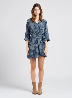 BERENICE REDWAN - Blue Short Printed V-neck Dress