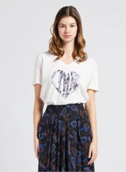 BERENICE ENOYA LOVE - White V-neck Cotton T-shirt With Screen Print