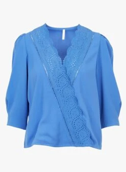 Blue V-neck Top With Broderie Anglaise -Morganmai Store 4065906