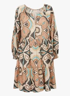 STELLA FOREST ILMA - Beige Short Printed Cotton V-neck Dress -Morganmai Store 4065917