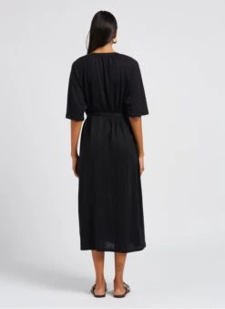 IDALINA - Black Long Linen V-neck Dress -Morganmai Store 4069847