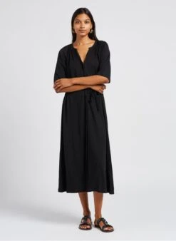 IDALINA - Black Long Linen V-neck Dress -Morganmai Store 4069848