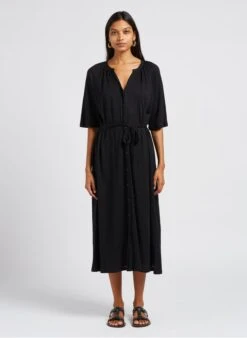 IDALINA - Black Long Linen V-neck Dress