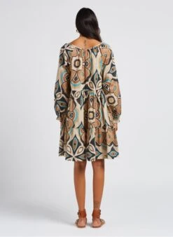 STELLA FOREST ILMA - Beige Short Printed Cotton V-neck Dress -Morganmai Store 4069963