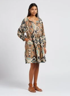 STELLA FOREST ILMA - Beige Short Printed Cotton V-neck Dress -Morganmai Store 4069964