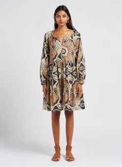 STELLA FOREST ILMA - Beige Short Printed Cotton V-neck Dress