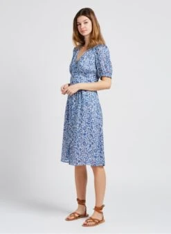 GERARD DAREL JAMES - Blue Floral Print V-neck Midi Dress -Morganmai Store 4072528
