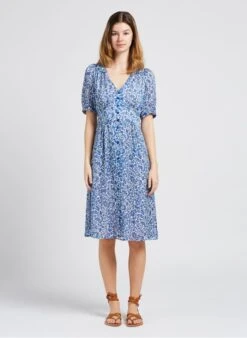 GERARD DAREL JAMES - Blue Floral Print V-neck Midi Dress