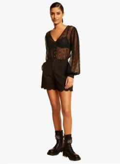 MORGAN TELLE - Black V-neck Lace Top -Morganmai Store 4076477