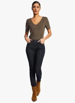 MORGAN DANIC - Green V-neck Linen-blend T-shirt -Morganmai Store 4076480