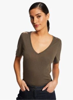 MORGAN DANIC - Green V-neck Linen-blend T-shirt