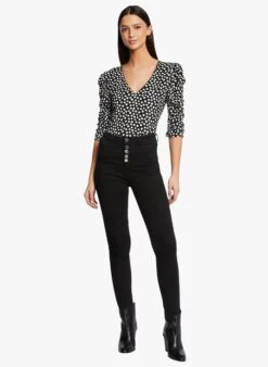 MORGAN TRINA - Black Polka Dot Print V-neck Top -Morganmai Store 4076615