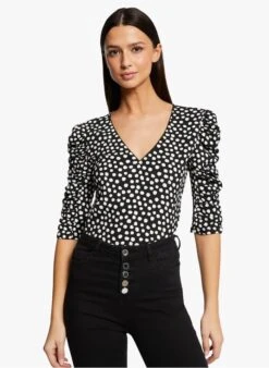 MORGAN TRINA - Black Polka Dot Print V-neck Top