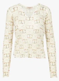 TWINSET Beige Printed Cotton V-neck Top With Slits -Morganmai Store 4079471