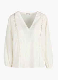 ONE STEP White Cotton Blouse With V-neck And Embroidered Insets -Morganmai Store 4081459