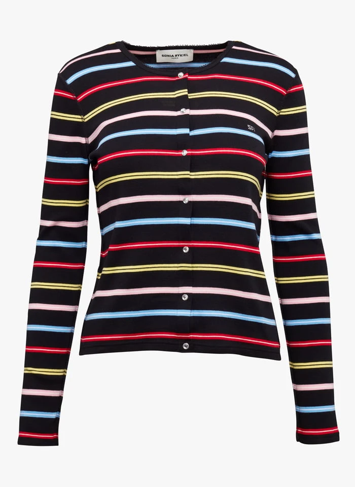 SONIA RYKIEL Black Cotton Cardigan With Multicolored Stripes 3 SONIA RYKIEL Black Cotton Cardigan With Multicolored Stripes - Image 3
