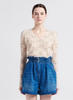 TWINSET Beige Printed Cotton V-neck Top With Slits