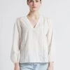 ONE STEP White Cotton Blouse With V-neck And Embroidered Insets