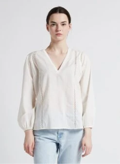 ONE STEP White Cotton Blouse With V-neck And Embroidered Insets