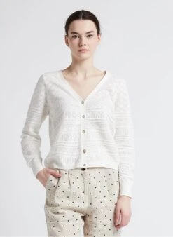 Vila VIAUGUSTA - White V-neck Openwork Cotton Cardigan
