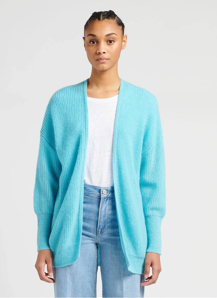 FLORENCE - Blue Mid-length Ribbed Knit Cardigan 1 FLORENCE - Blue Mid-length Ribbed Knit Cardigan