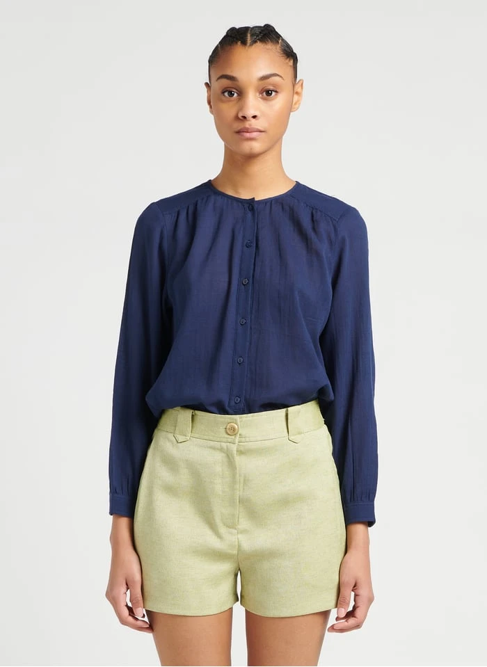 SEE U SOON Blue Round-neck Cotton Shirt 1 SEE U SOON Blue Round-neck Cotton Shirt