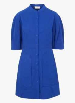 Blue Short Cotton-blend Dress With Mandarin Collar -Morganmai Store 4099028
