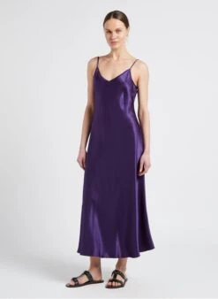 Max Mara Leisure ONDA - Purple Long Satin V-neck Dress -Morganmai Store 4099625