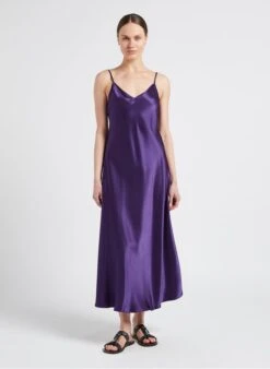 Max Mara Leisure ONDA - Purple Long Satin V-neck Dress -Morganmai Store 4099628