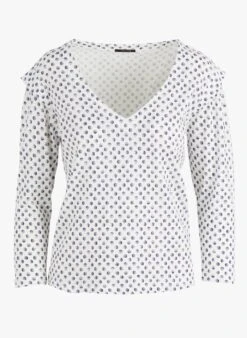 ONE STEP White Polka Dot Print Cotton-blend V-neck T-shirt -Morganmai Store 4100070