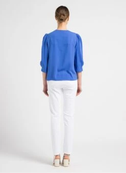 Blue V-neck Top With Broderie Anglaise -Morganmai Store 4101623