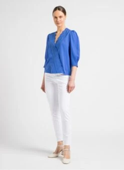 Blue V-neck Top With Broderie Anglaise -Morganmai Store 4101624