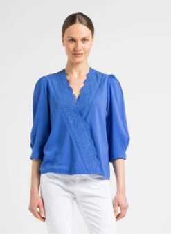 Blue V-neck Top With Broderie Anglaise
